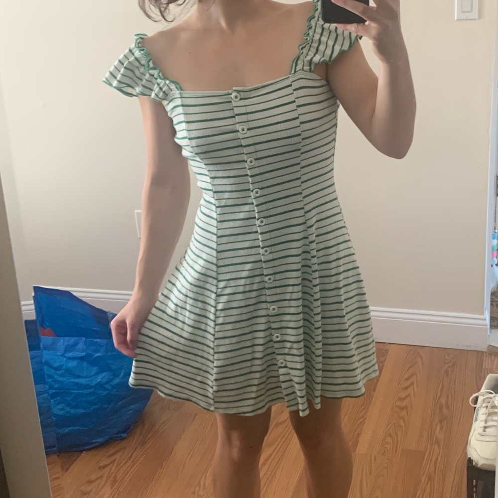 Green and white striped cottagecore dress